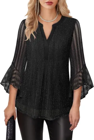 Lotusmile Women's 3/4 Sleeve Dressy Tops Elegant V Neck Blouse for Women Casual Work Evening Party
