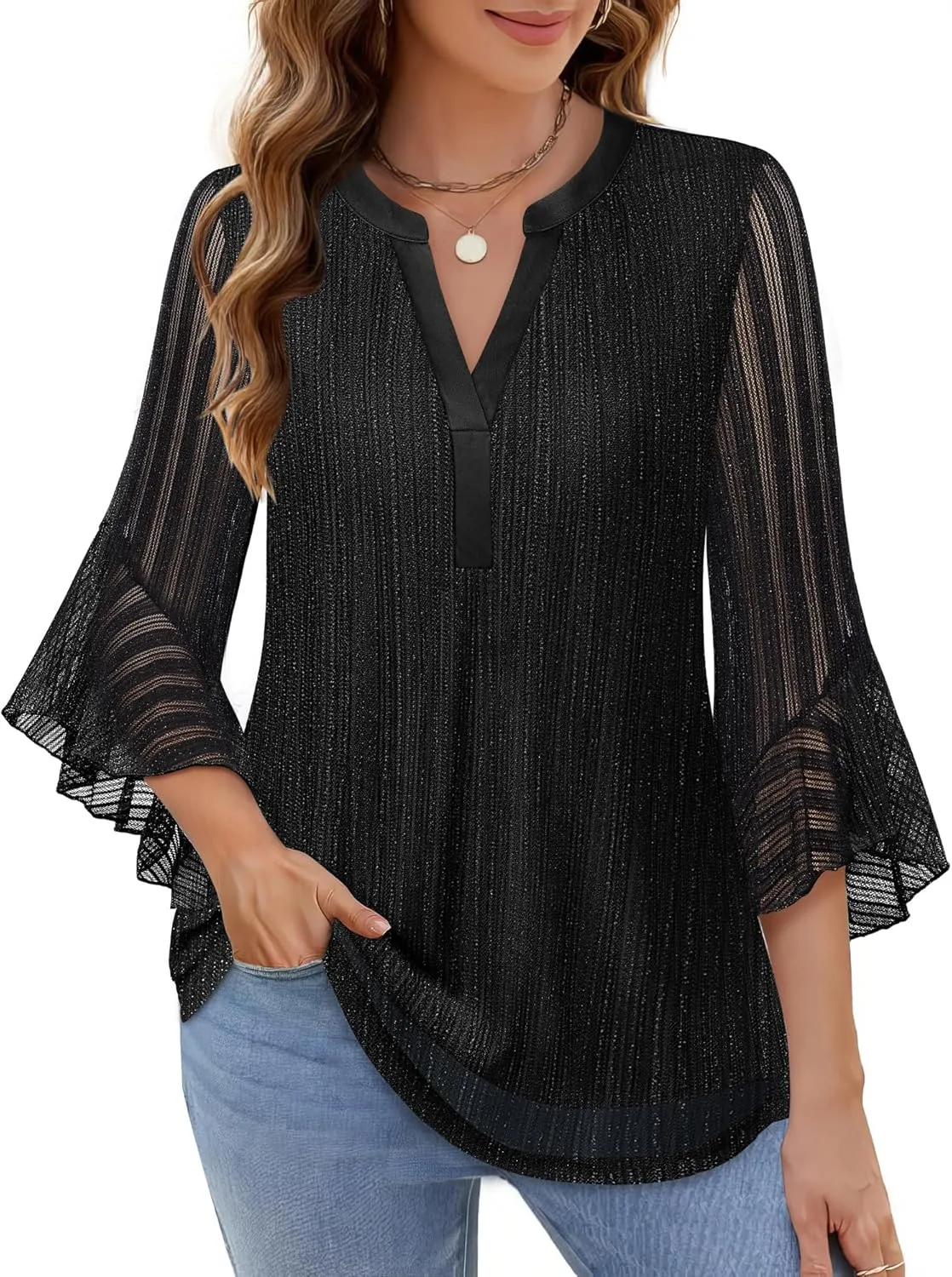 Lotusmile Women's 3/4 Sleeve Dressy Tops Elegant V Neck Blouse for Women Casual Work Evening Party