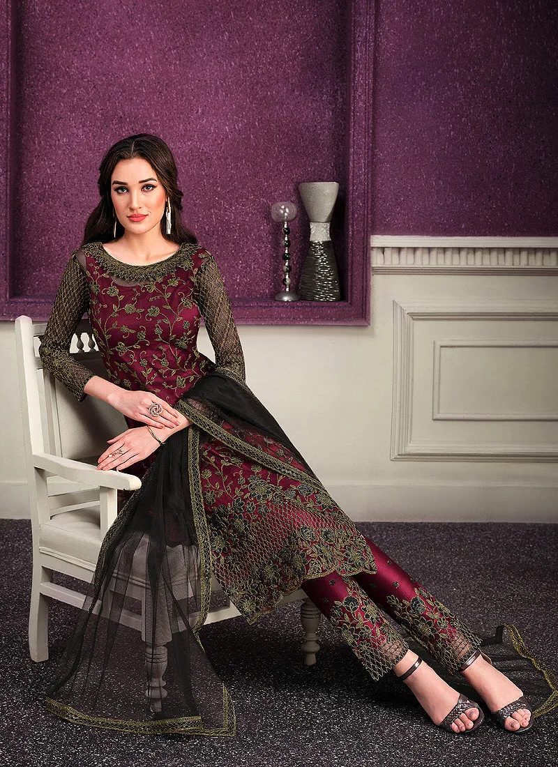 Maroon And Black Designer Embroidered Pant Style Suit