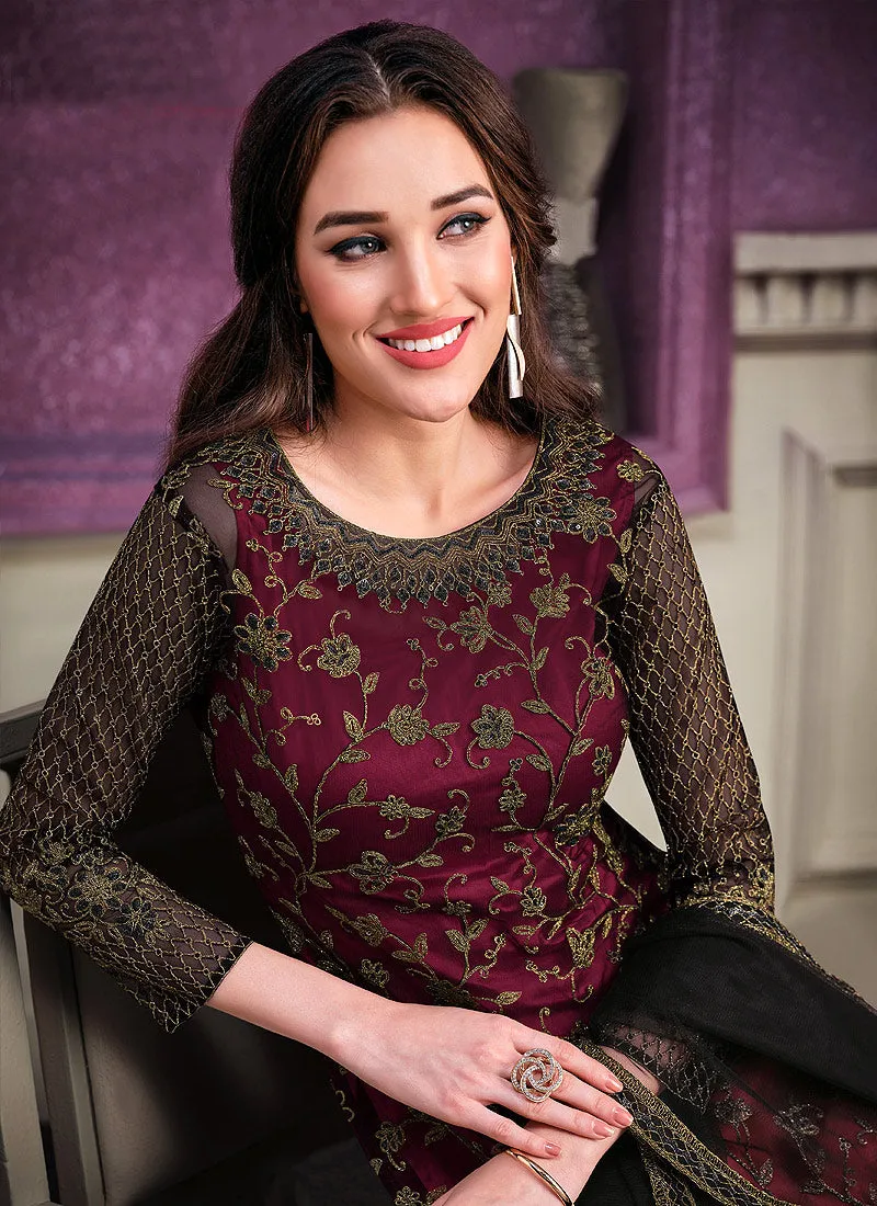 Maroon And Black Designer Embroidered Pant Style Suit