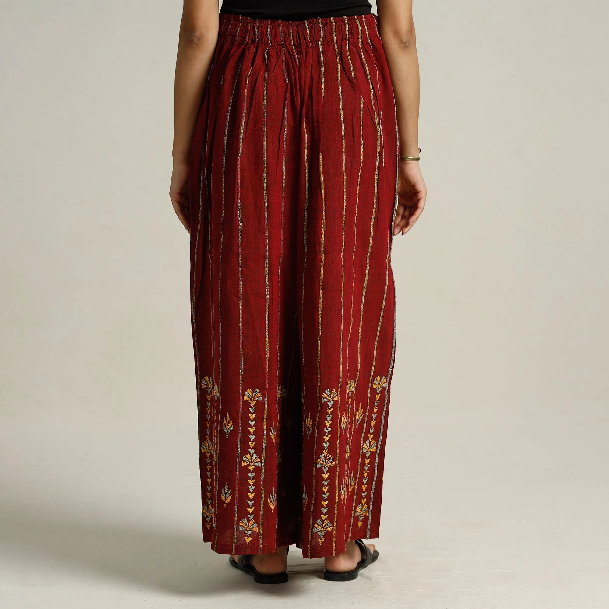 Maroon - Bengal Khesh Weaving Kantha Embroidery Cotton Palazzo 62