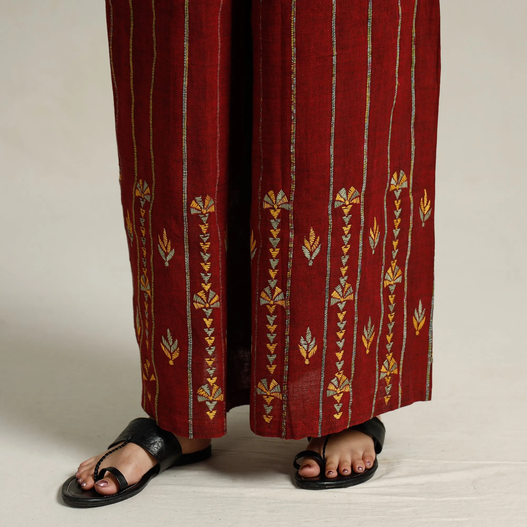 Maroon - Bengal Khesh Weaving Kantha Embroidery Cotton Palazzo 62