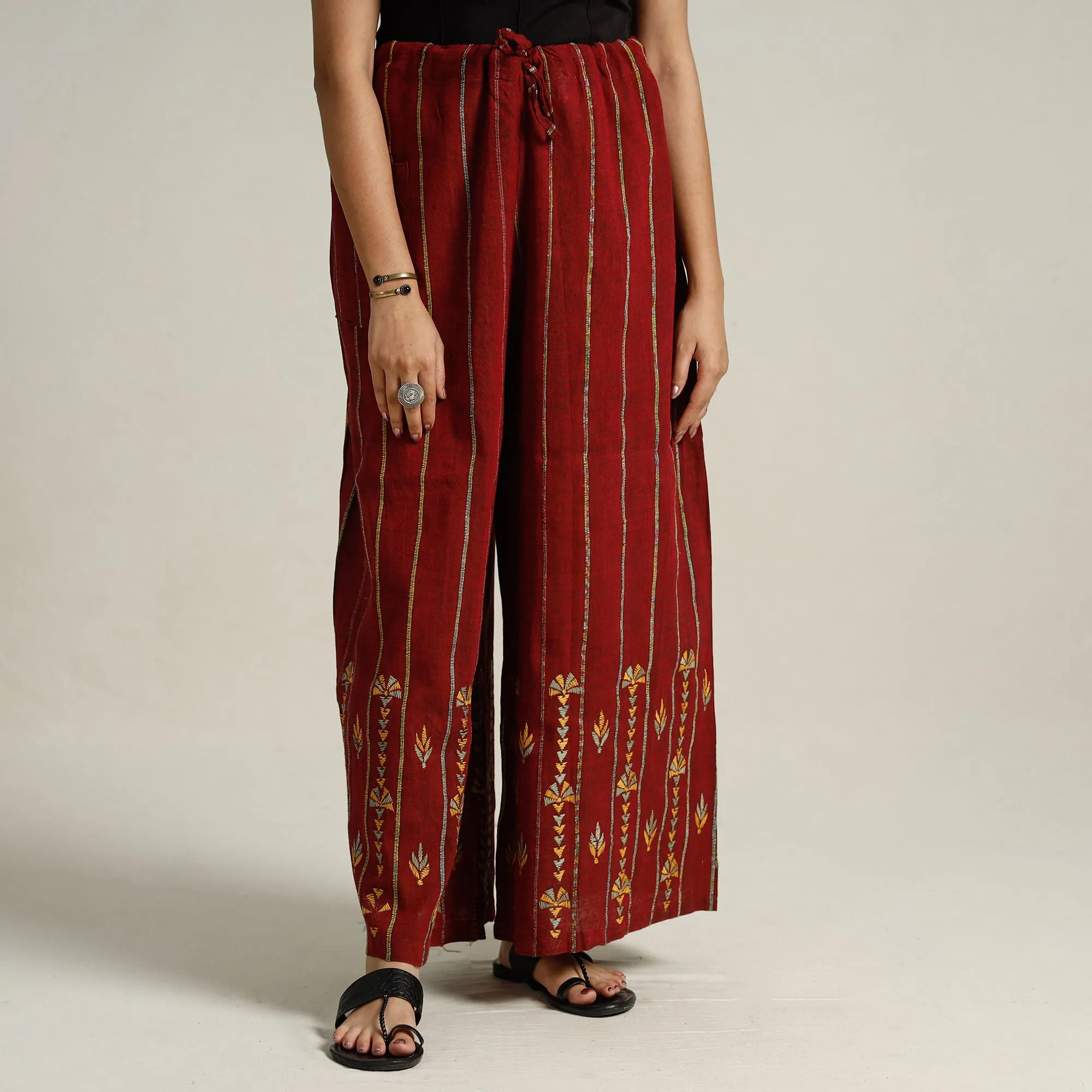 Maroon - Bengal Khesh Weaving Kantha Embroidery Cotton Palazzo 62