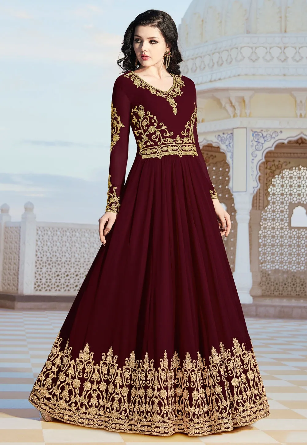 Maroon Overall Elegant Embroidered Anarkali Suit