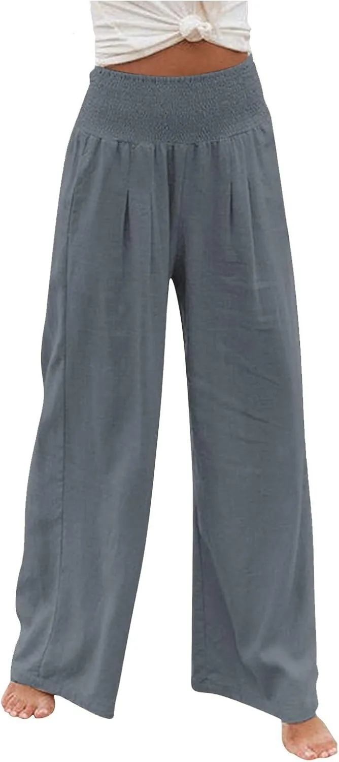 Maternity Pants for Women Cotton Linen Flowy Lounge Work Pant Summer Boho High Waisted Wide Leg Pant Beach Holiday