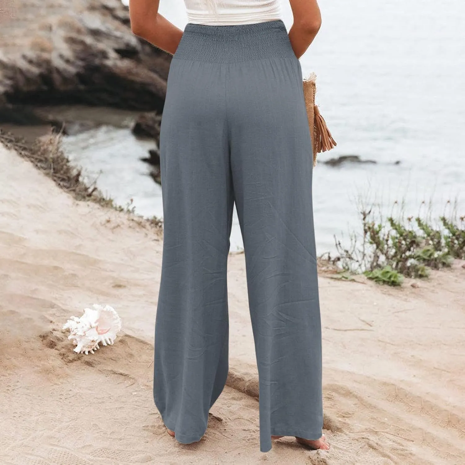 Maternity Pants for Women Cotton Linen Flowy Lounge Work Pant Summer Boho High Waisted Wide Leg Pant Beach Holiday