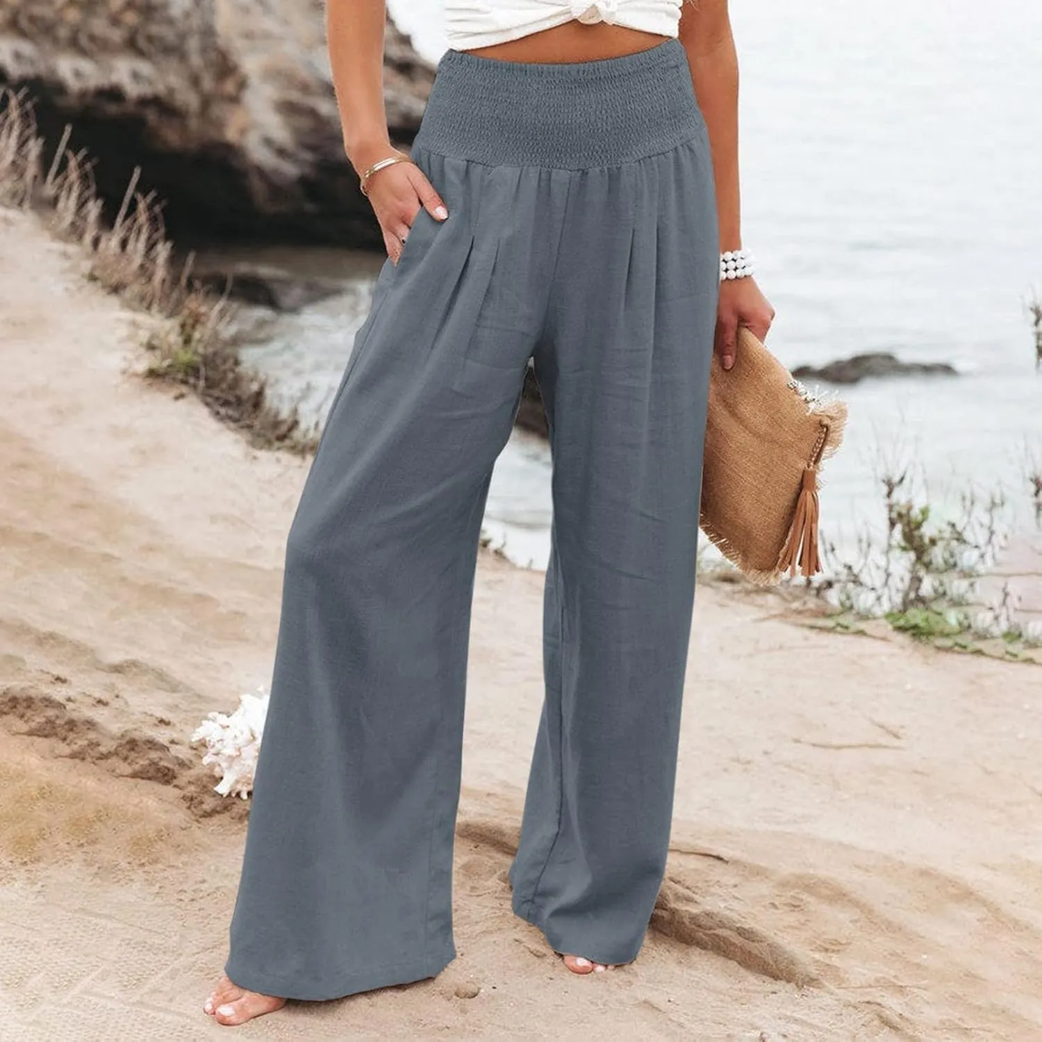 Maternity Pants for Women Cotton Linen Flowy Lounge Work Pant Summer Boho High Waisted Wide Leg Pant Beach Holiday