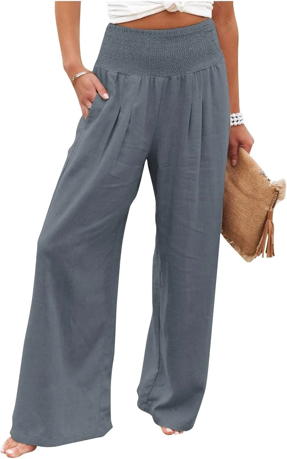 Maternity Pants for Women Cotton Linen Flowy Lounge Work Pant Summer Boho High Waisted Wide Leg Pant Beach Holiday