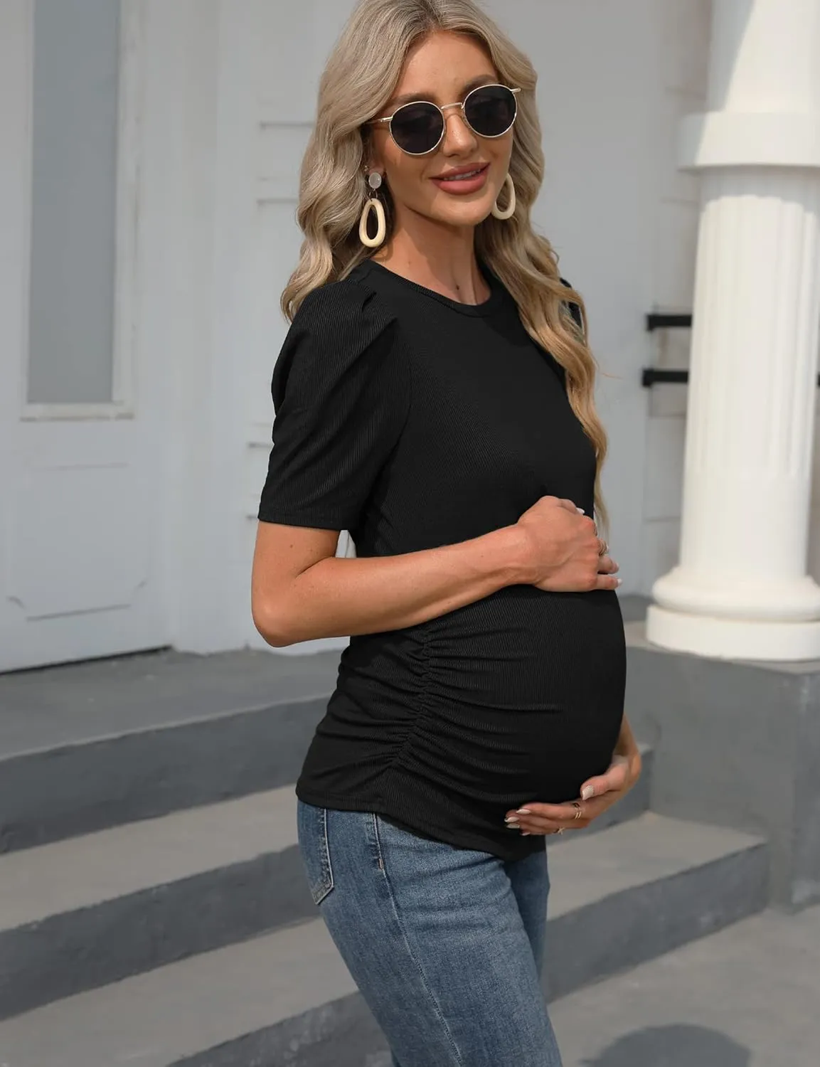 Maternity Shirts Women's Casual Floral Print Tops Pregnancy Puff Short Sleeve Striped Ruched Side Tunic Top