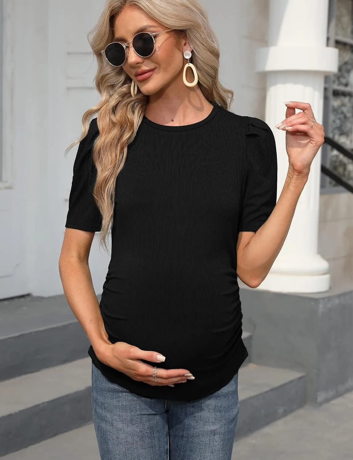 Maternity Shirts Women's Casual Floral Print Tops Pregnancy Puff Short Sleeve Striped Ruched Side Tunic Top