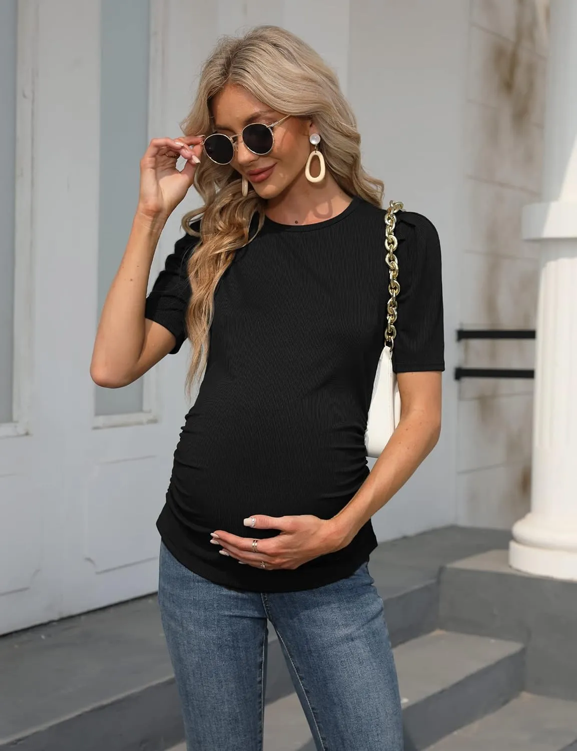 Maternity Shirts Women's Casual Floral Print Tops Pregnancy Puff Short Sleeve Striped Ruched Side Tunic Top