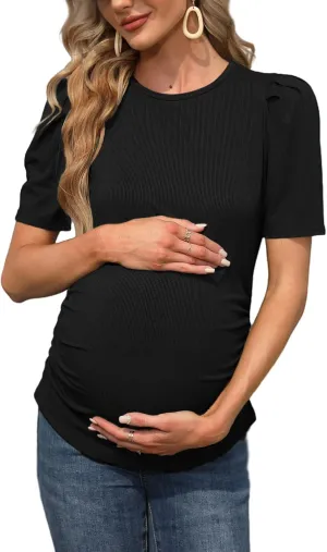 Maternity Shirts Women's Casual Floral Print Tops Pregnancy Puff Short Sleeve Striped Ruched Side Tunic Top