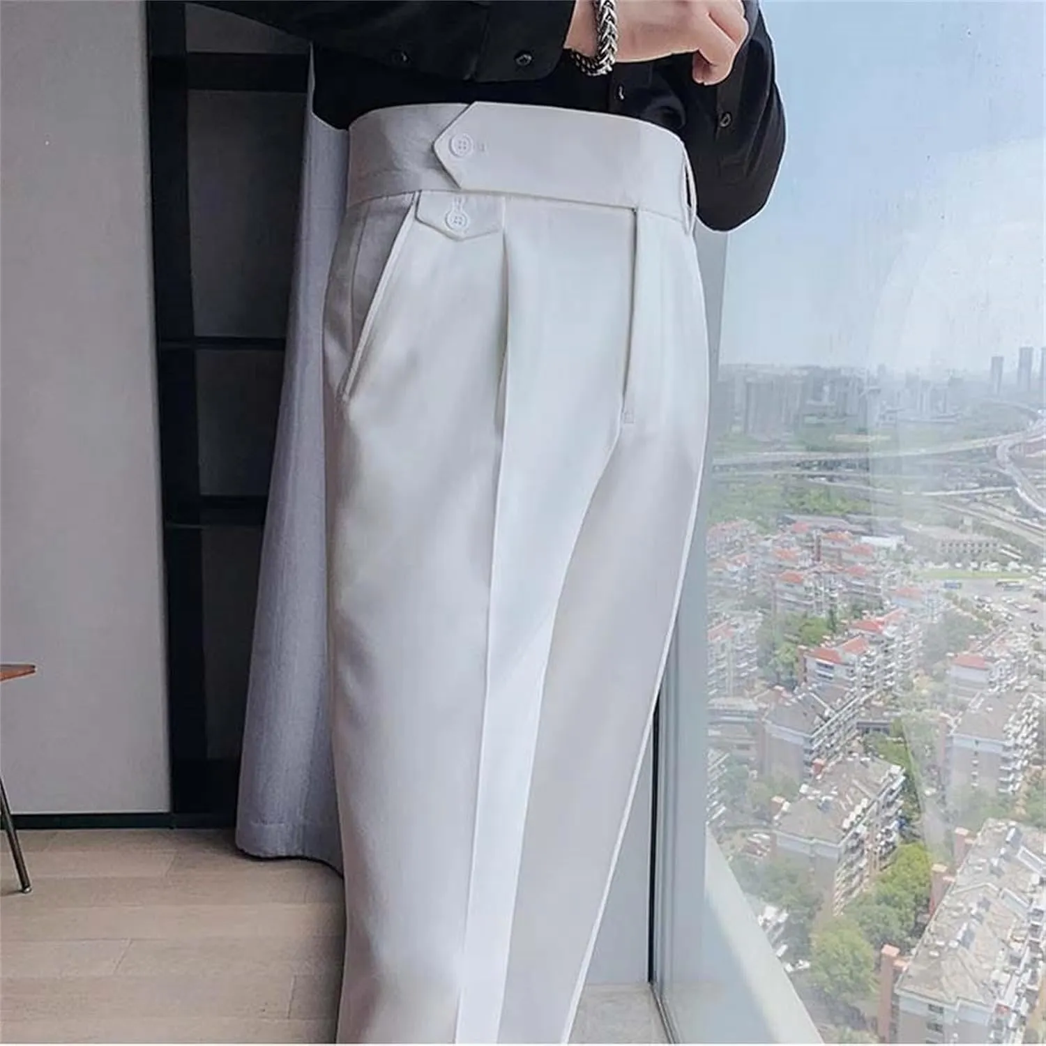Men's Business Trousers Lightweight Twill Slim-Fit Straight Pants Regular Fit Versatile Tapered Pants with Pockets