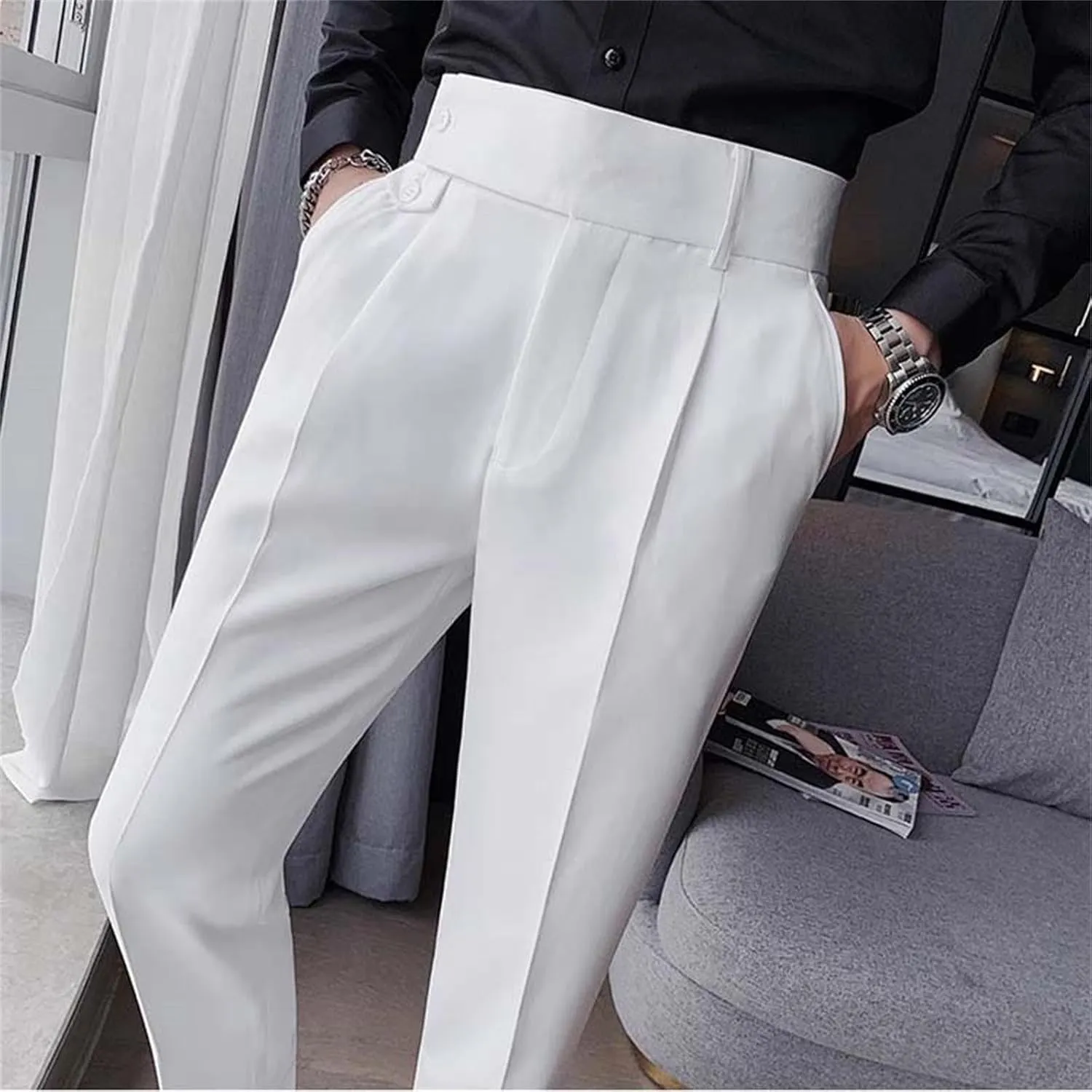 Men's Business Trousers Lightweight Twill Slim-Fit Straight Pants Regular Fit Versatile Tapered Pants with Pockets
