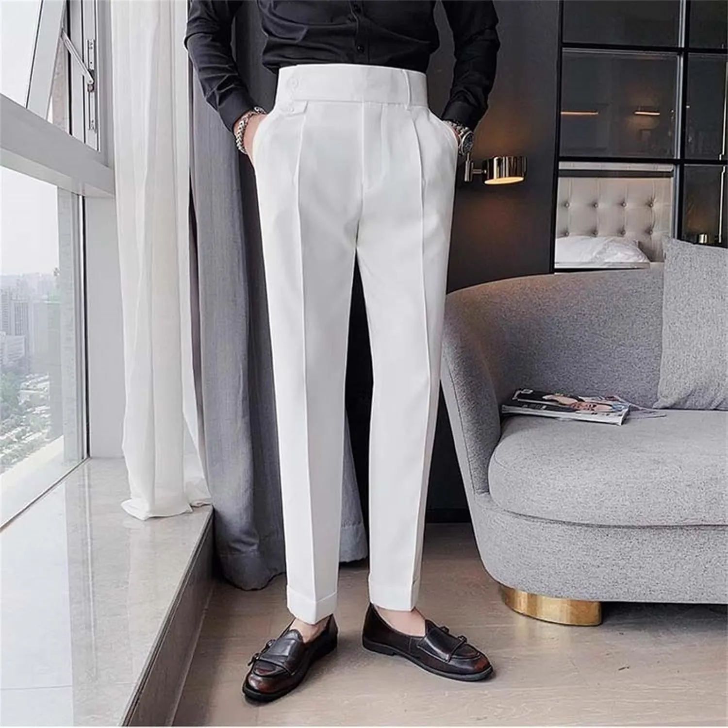 Men's Business Trousers Lightweight Twill Slim-Fit Straight Pants Regular Fit Versatile Tapered Pants with Pockets