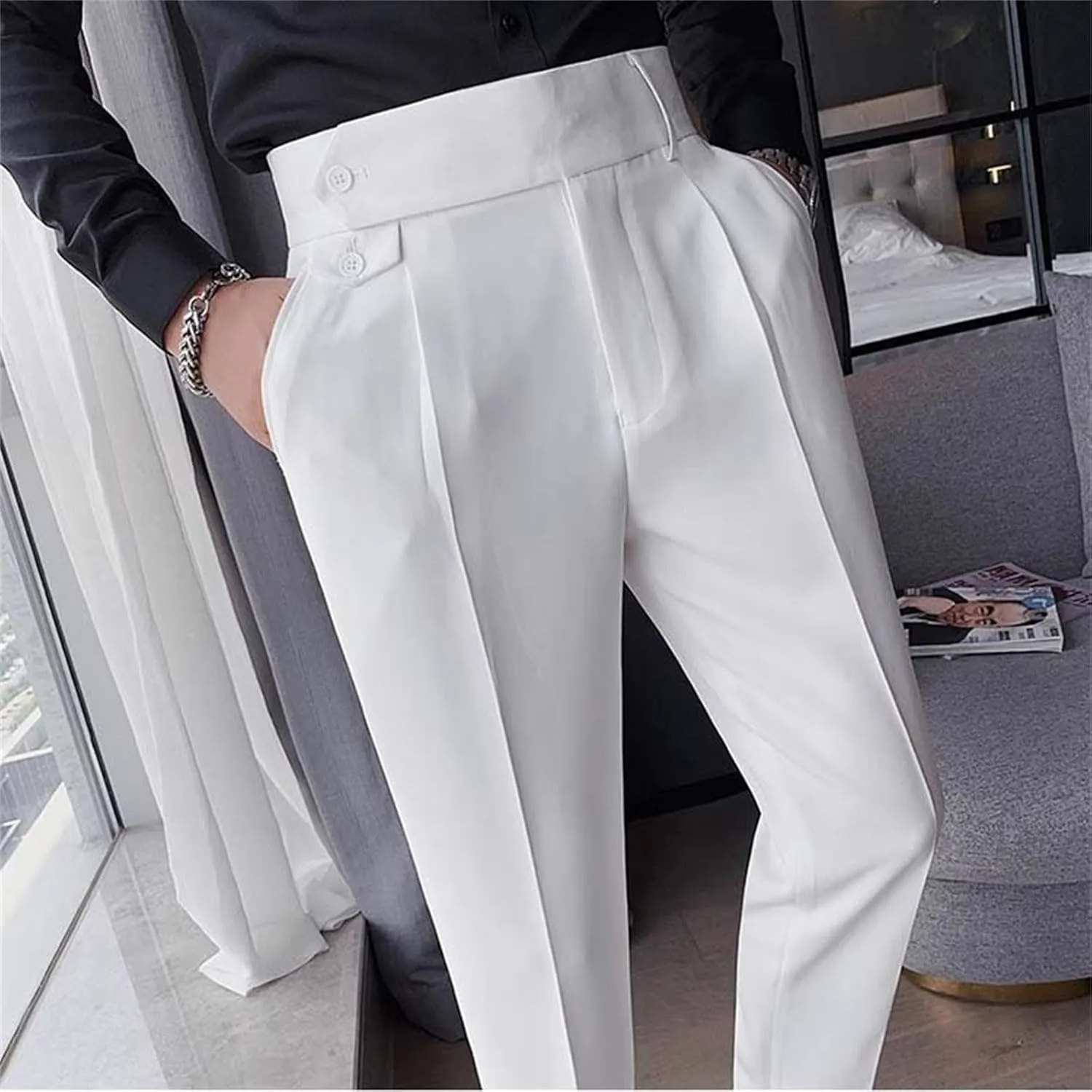 Men's Business Trousers Lightweight Twill Slim-Fit Straight Pants Regular Fit Versatile Tapered Pants with Pockets
