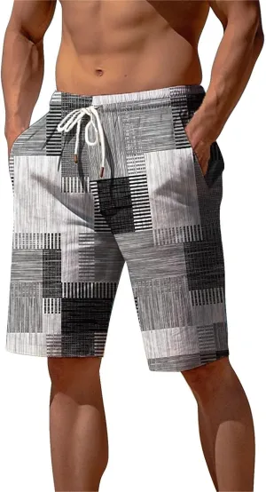 Mens Casual Hawaiian Shorts Summer Plaid Bermuda Short Pants Stretch Waist Classic Vintage Plaid Yoga Beach Shorts