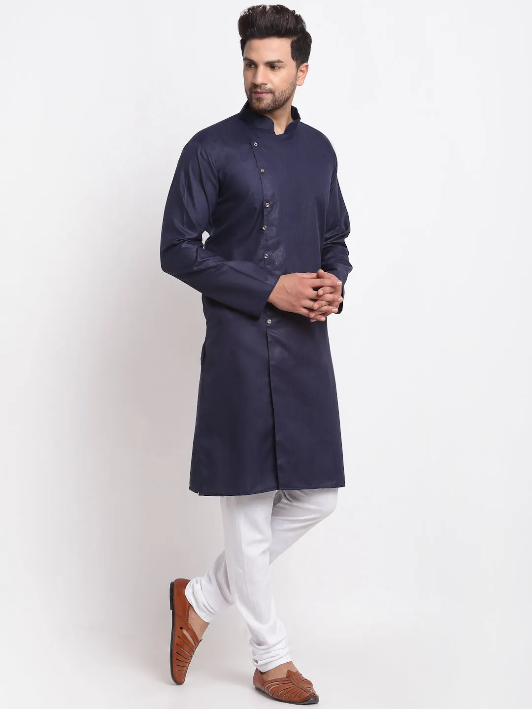Men's Navy Blue Solid Kurta With White Churidaar Pyjama - Benstoke