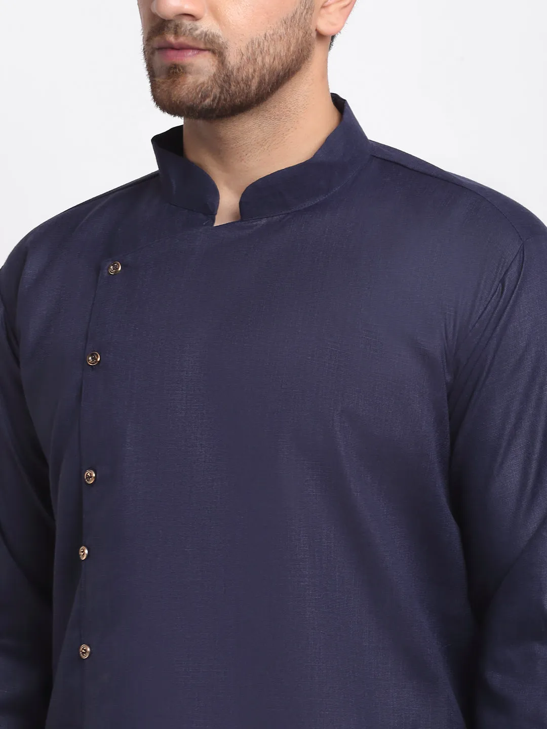 Men's Navy Blue Solid Kurta With White Churidaar Pyjama - Benstoke