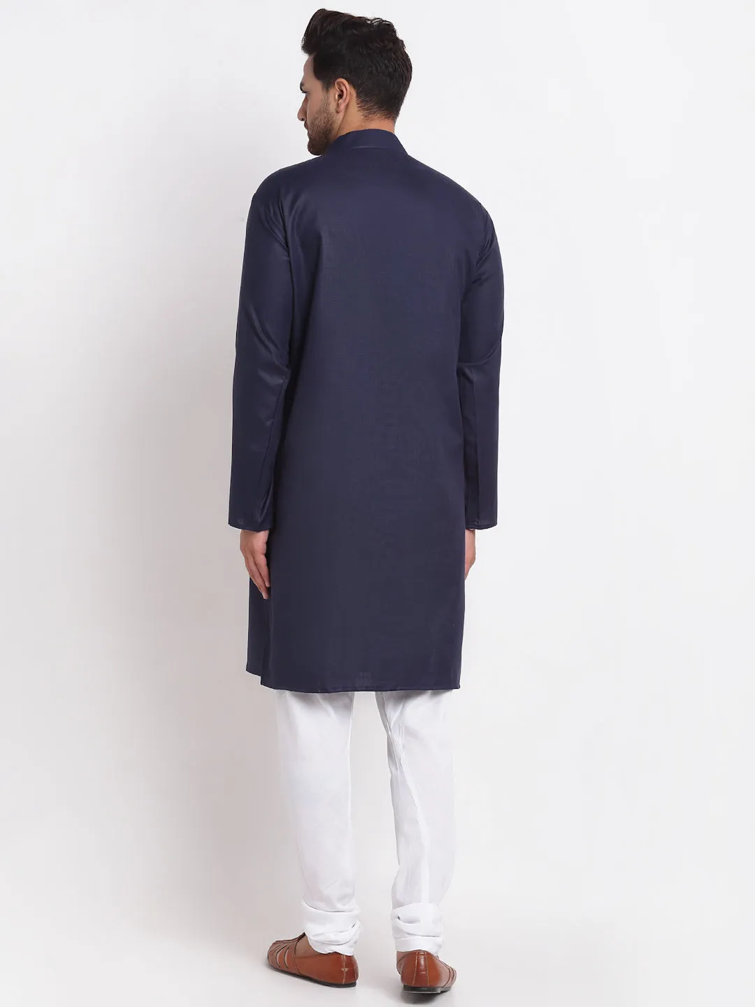 Men's Navy Blue Solid Kurta With White Churidaar Pyjama - Benstoke