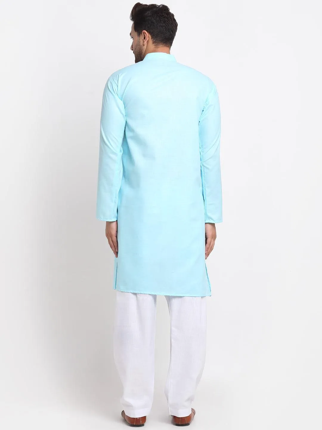 Men's Sky Blue Solid Pathani Kurta With White Salwar - Benstoke
