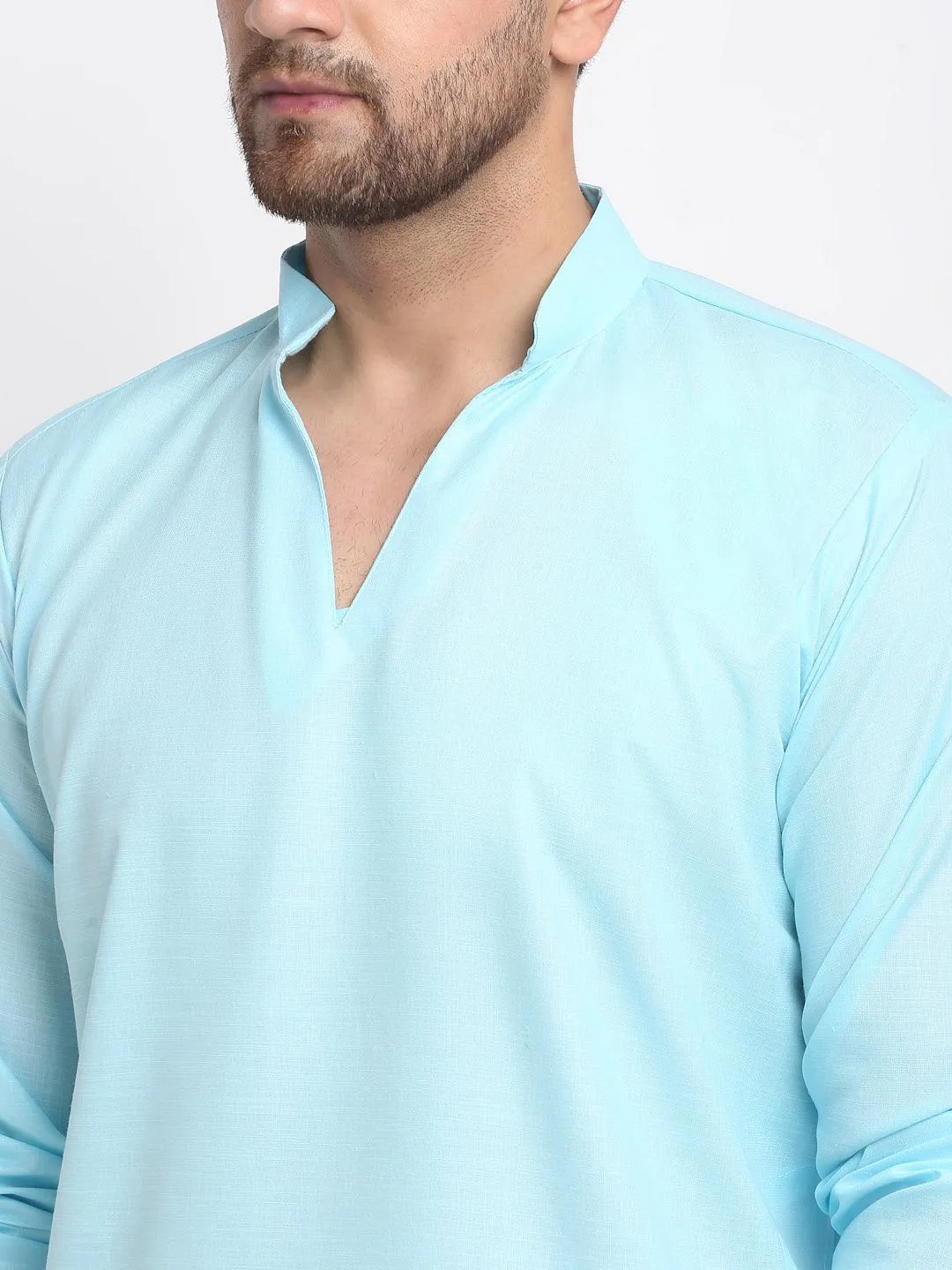 Men's Sky Blue Solid Pathani Kurta With White Salwar - Benstoke