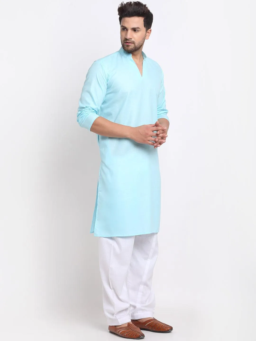Men's Sky Blue Solid Pathani Kurta With White Salwar - Benstoke