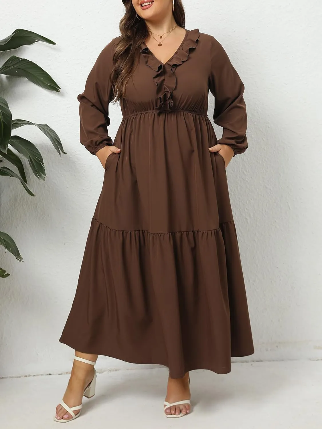 Moon Wood Women's 2025 Plus Size Casual Dress V Neck Ruffle Long Sleeve Dress Maxi Dresses with Pockets