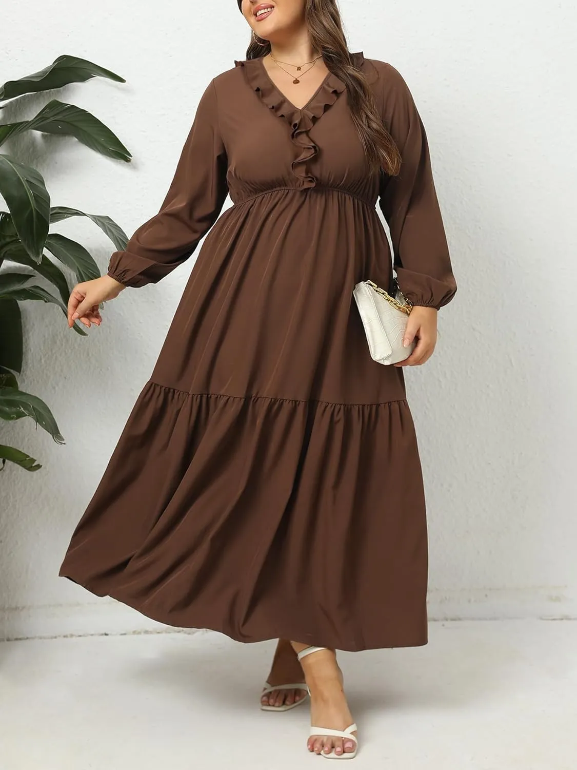 Moon Wood Women's 2025 Plus Size Casual Dress V Neck Ruffle Long Sleeve Dress Maxi Dresses with Pockets