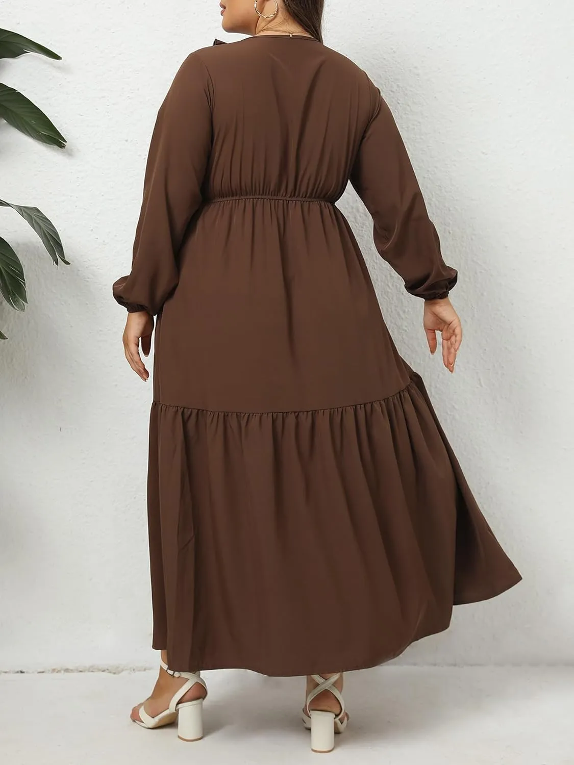 Moon Wood Women's 2025 Plus Size Casual Dress V Neck Ruffle Long Sleeve Dress Maxi Dresses with Pockets