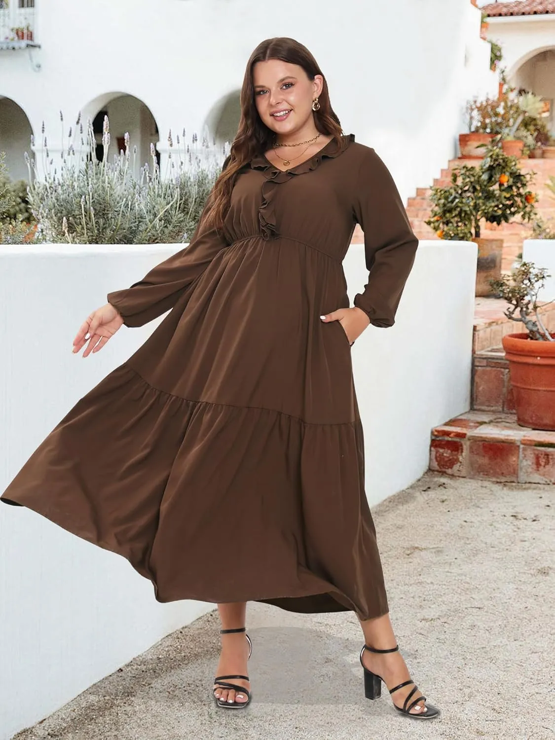 Moon Wood Women's 2025 Plus Size Casual Dress V Neck Ruffle Long Sleeve Dress Maxi Dresses with Pockets