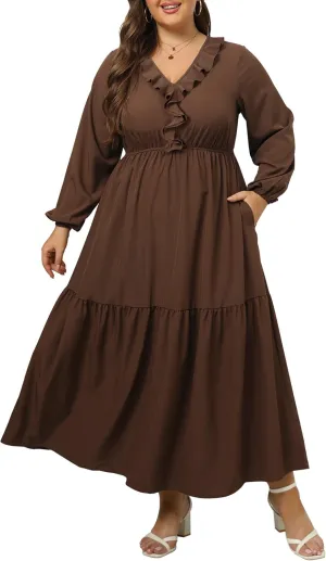 Moon Wood Women's 2025 Plus Size Casual Dress V Neck Ruffle Long Sleeve Dress Maxi Dresses with Pockets