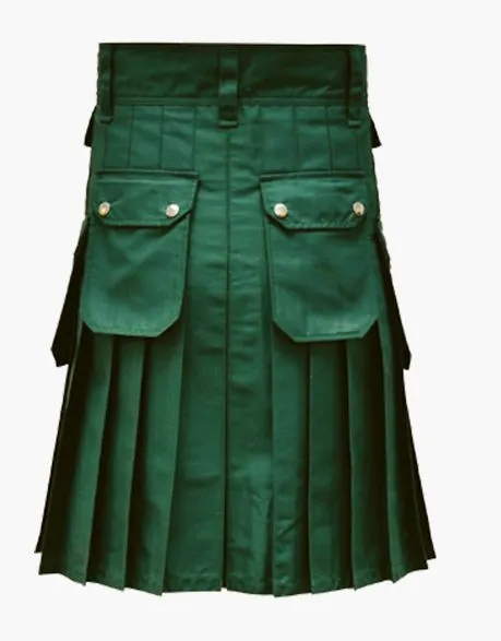 Multiple pockets in a green utility kilt