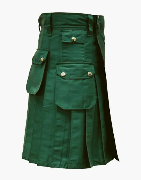 Multiple pockets in a green utility kilt