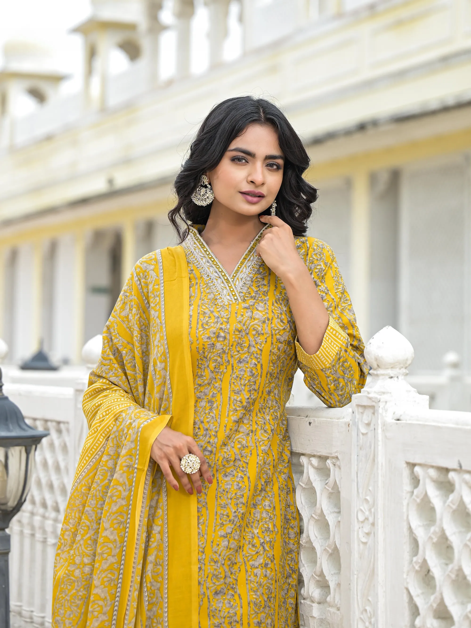 Mustard Floral Printed Cotton Kurta Pant With Dupatta Set With Mirror & Thread Work