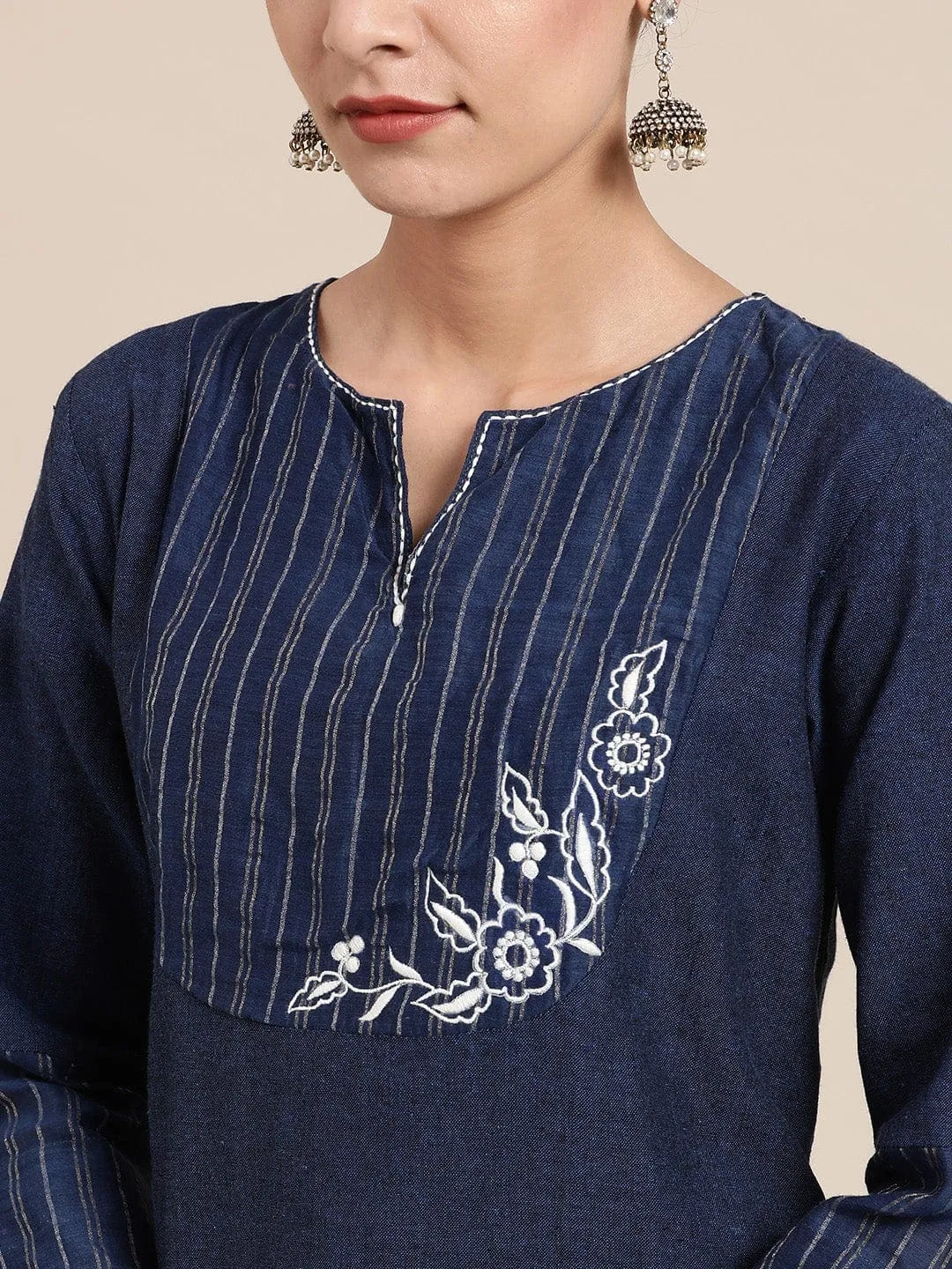 Navy Blue Floral Embroidered Kurta Set