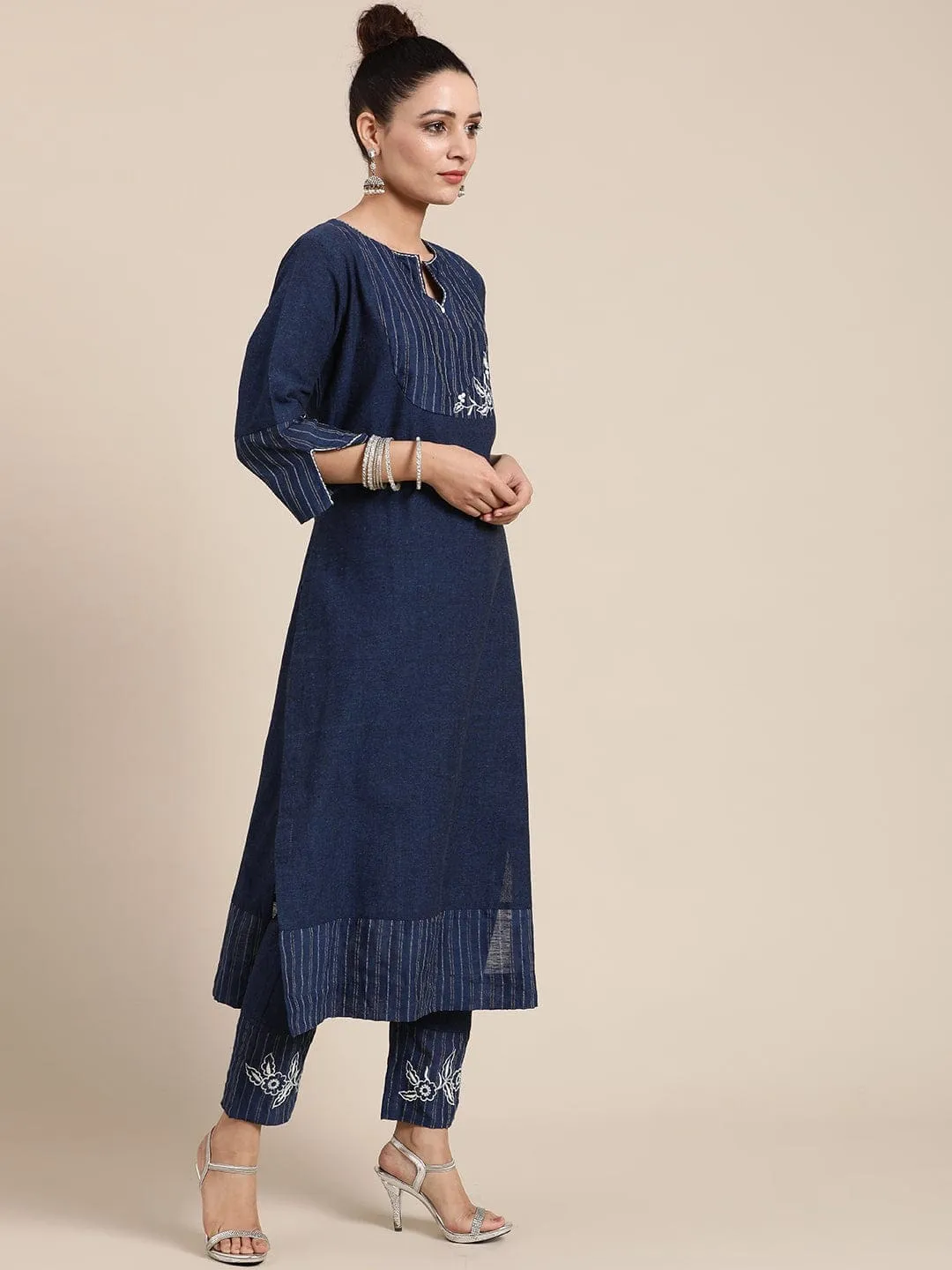 Navy Blue Floral Embroidered Kurta Set