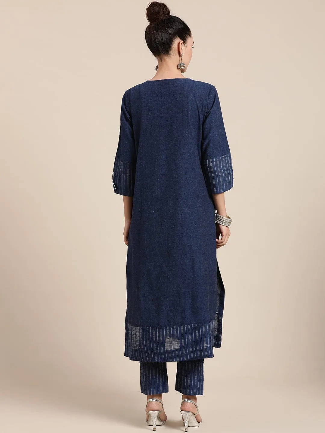Navy Blue Floral Embroidered Kurta Set