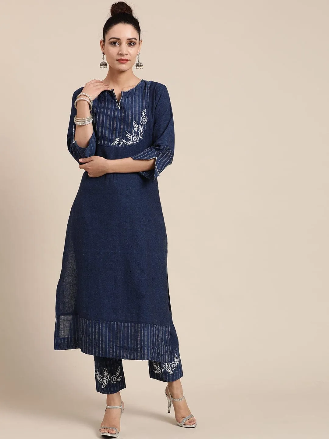 Navy Blue Floral Embroidered Kurta Set