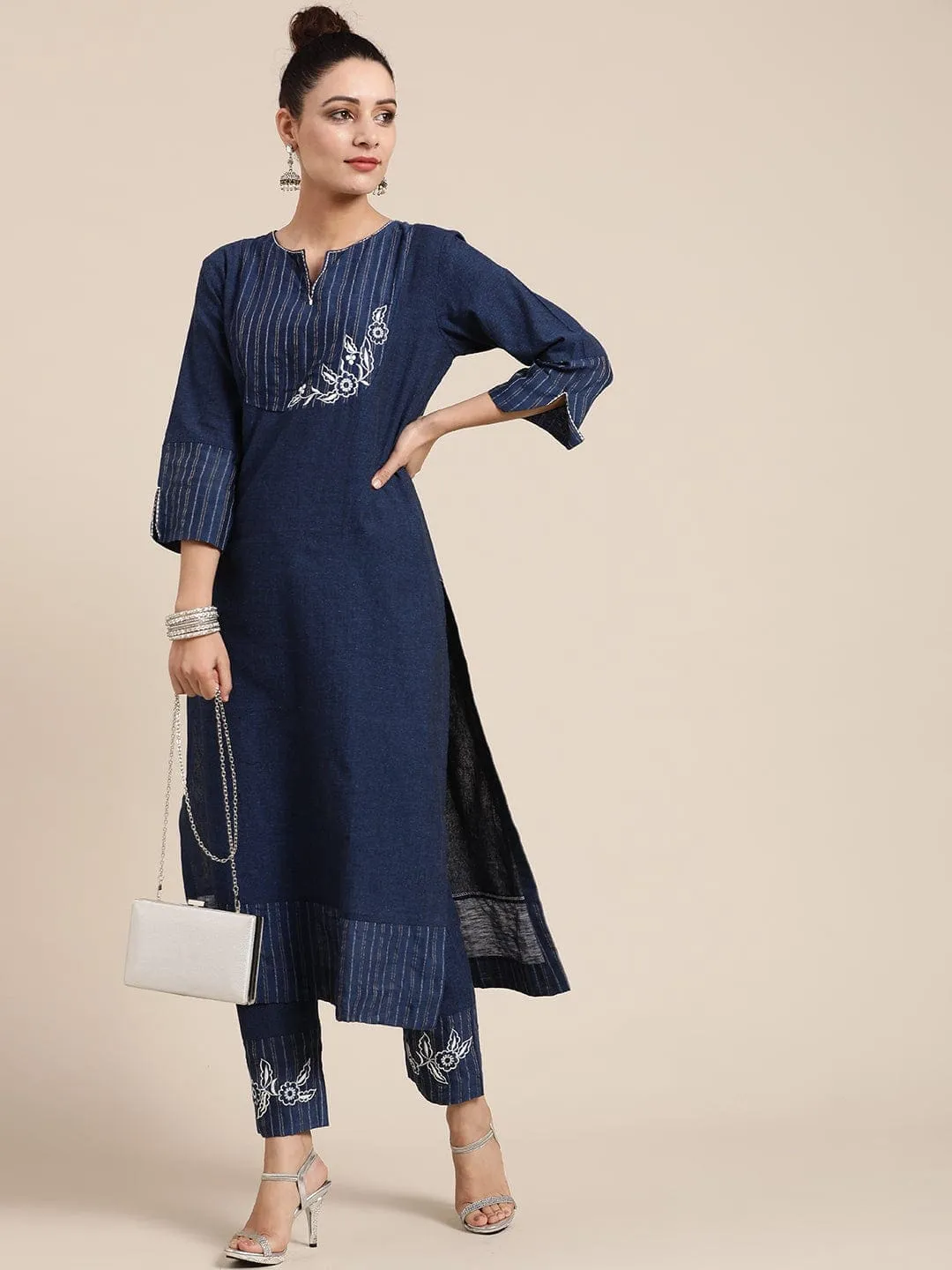 Navy Blue Floral Embroidered Kurta Set