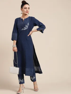 Navy Blue Floral Embroidered Kurta Set