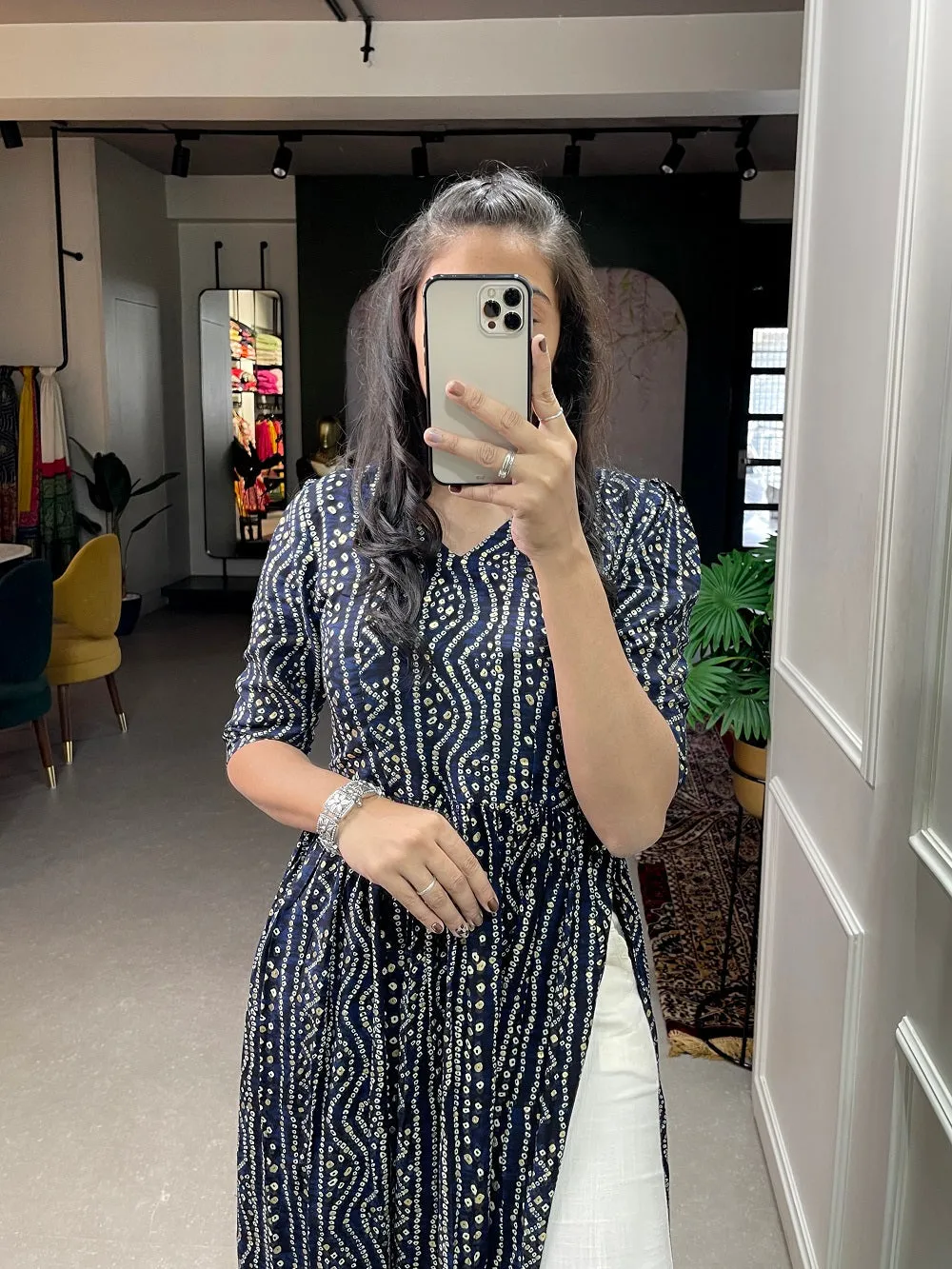 Navy Blue Foil Printed Cotton Kurti
