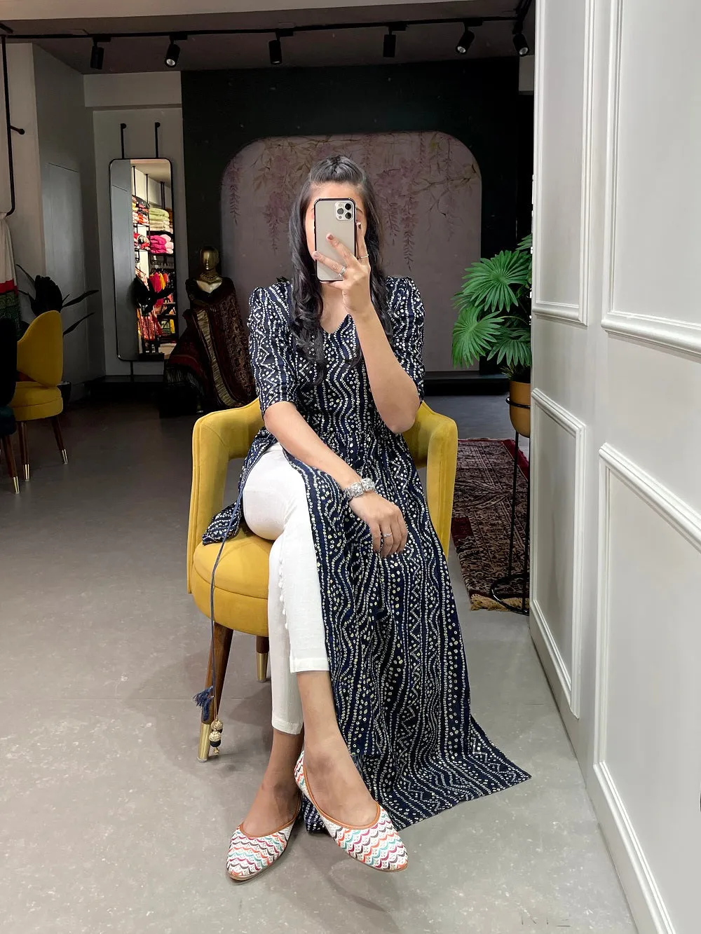 Navy Blue Foil Printed Cotton Kurti