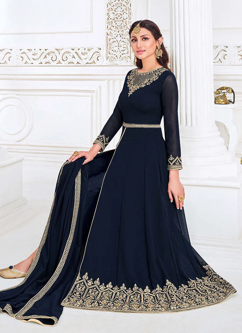 Navy Blue Traditional Zari Embroidered Slit Style Pant Suit