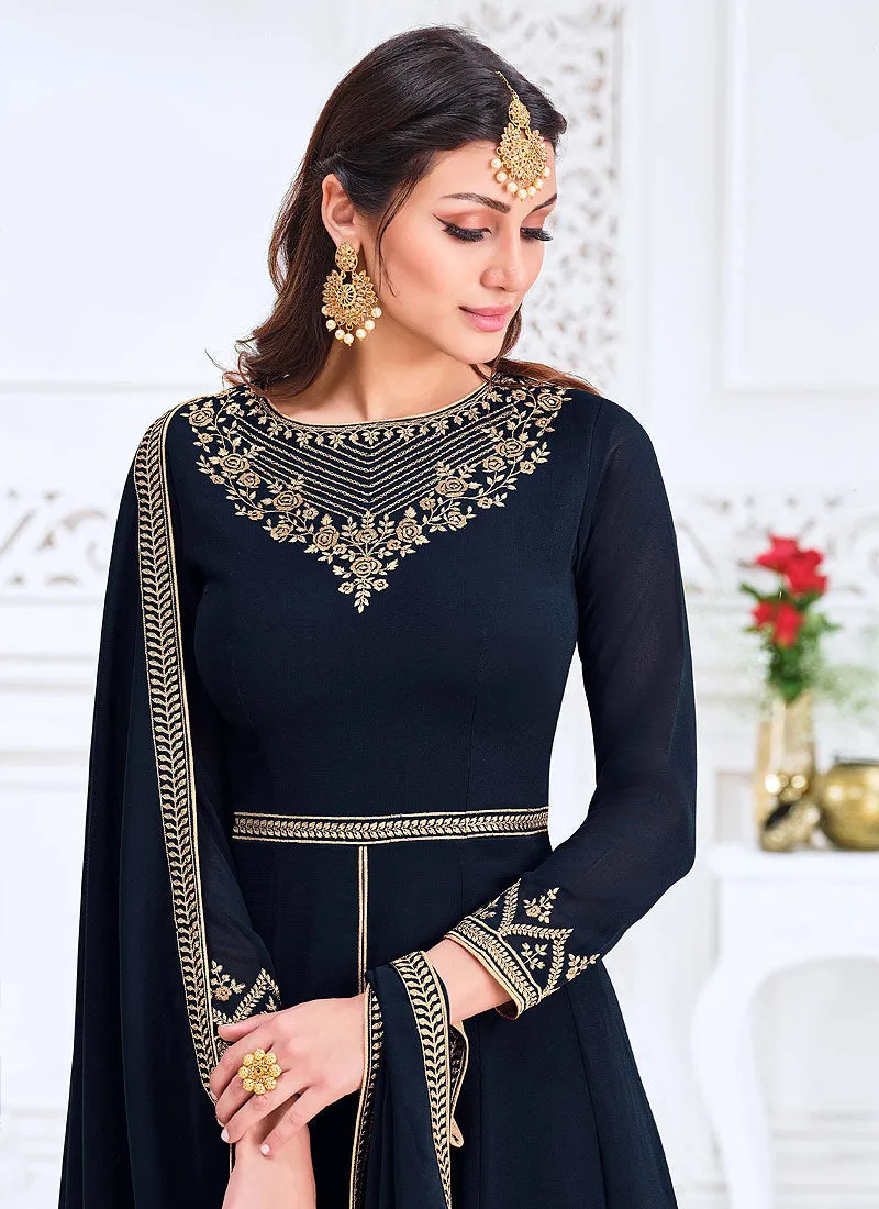 Navy Blue Traditional Zari Embroidered Slit Style Pant Suit