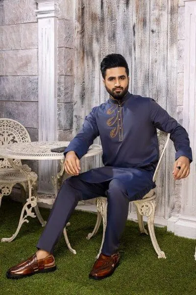 Nilofer Shahid -  Sapphire Prince - Blue Canvas - Otooman Cotton - 2 Piece