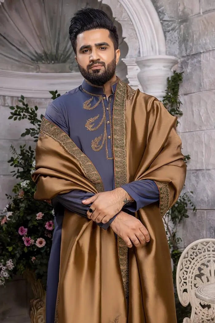 Nilofer Shahid -  Sapphire Prince - Blue Canvas - Otooman Cotton - 2 Piece