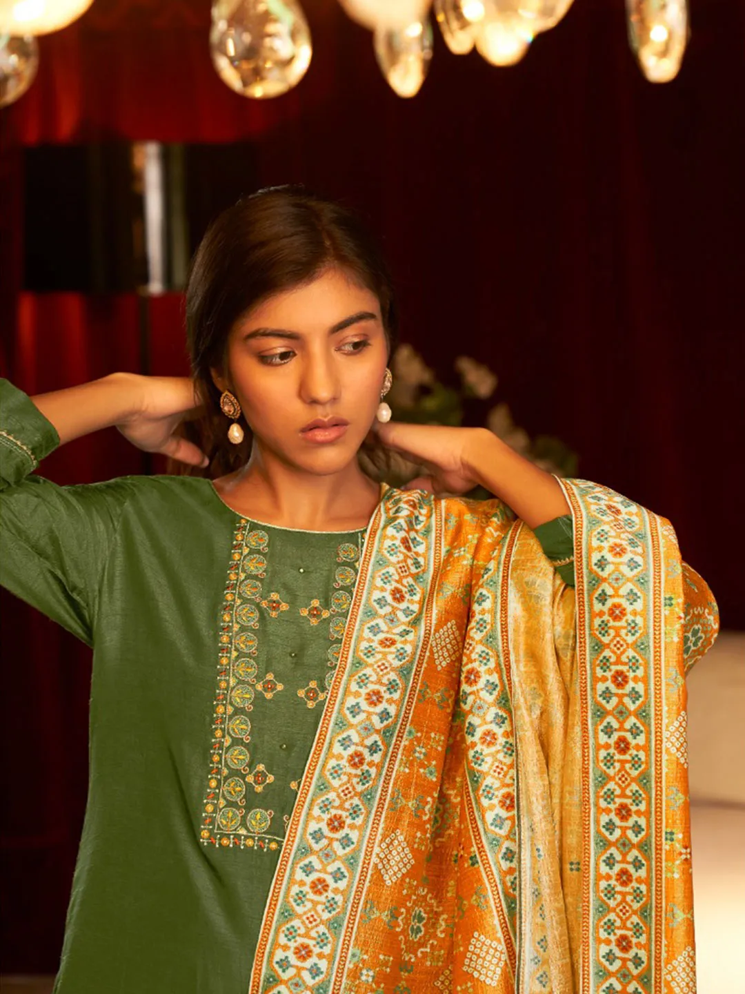 Olive Green & Yellow Pure Dola Silk Patola Kurti Pant Set With Pure Tussar Silk Dupatta