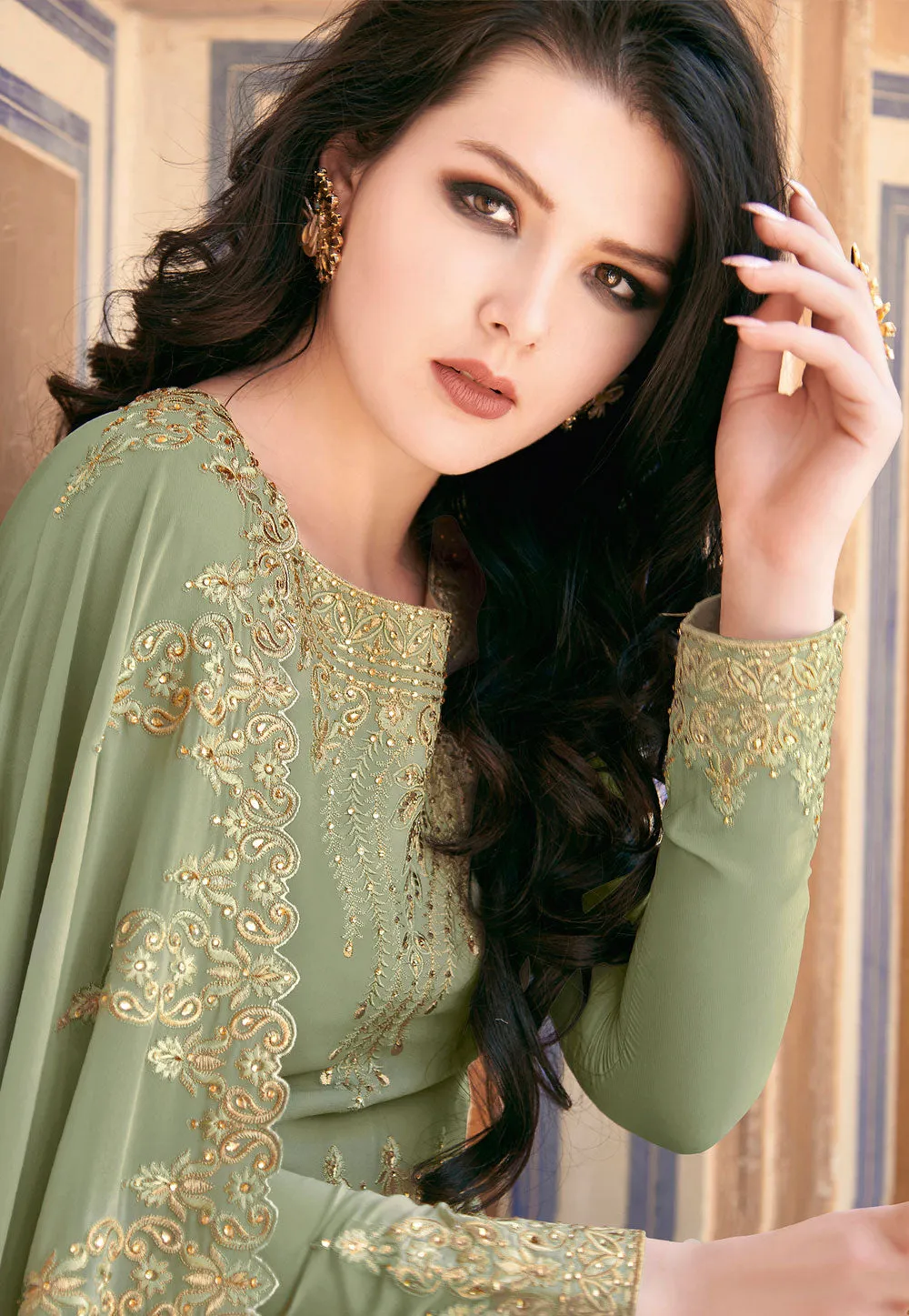 Olive Green Designer Embroidered Anarkali Suit