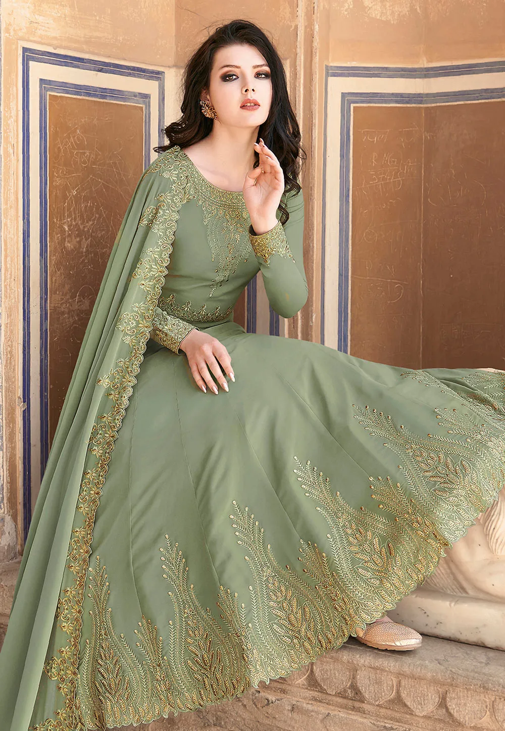 Olive Green Designer Embroidered Anarkali Suit